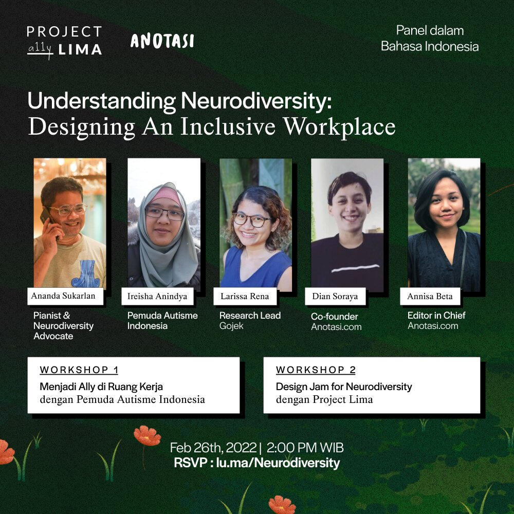 Panel diskusi yang diselenggarakan oleh Anotasi dan Project Lima. Acara ini melibatkan Ireisha Anindya dari Pemuda Autisme Indonesia sebagai salah satu pembicara.